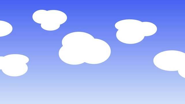 Cloudy Sky Cartoon Look Background 4K Loop features a vector cartoon style sky with a gradient light blue to darker at the top with clouds floating across the sky in a loop.