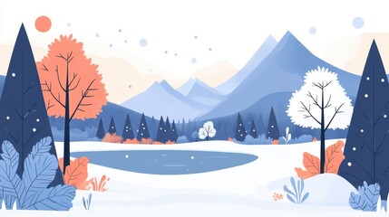 A flat illustration of a beautiful landscape with mountains, trees, and a lake at sunrise. The design features simple shapes, flat colors
