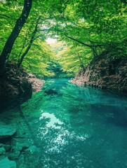 Serene view of a crystal-clear river flowing through a lush green forest, reflecting the vibrant foliage.