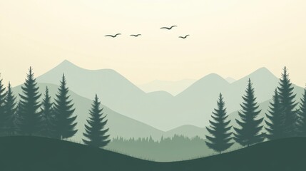 Fototapeta premium Serene Misty Mountain Forest Landscape with Birds - Minimalist Nature Scene
