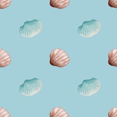 Seamless watercolor shell pattern on blue background for textile and packaging design