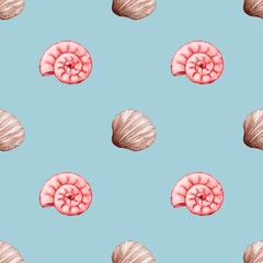 Colorful seamless watercolor pattern featuring shells and nautilus on a light blue background