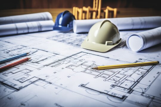 Architectural project showing blueprints, pencils, hardhats, and small model of a crane