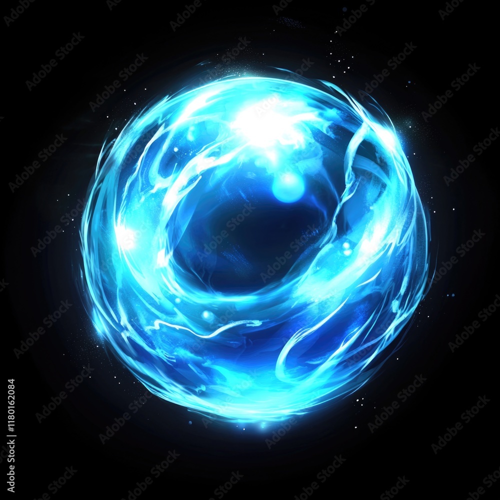 Poster a bright blue sphere illuminated against a dark background, suitable for use in designs requiring li
