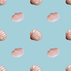 Seamless watercolor shell pattern on blue background for textile and packaging design