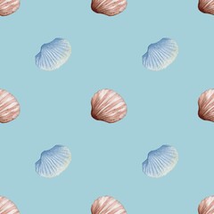 Seamless watercolor shell pattern on a soft blue background for textile and wrapping design