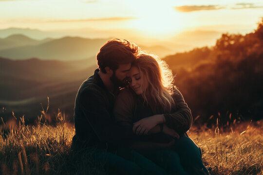 Casal apaixonado nas montanhas, lado a lado, em um p&ocirc;r do sol rom&acirc;ntico e m&aacute;gico