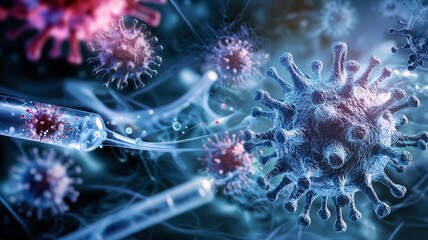 virus cells immune resistance concept. Microscopic view of viruses and cells in vibrant colors.