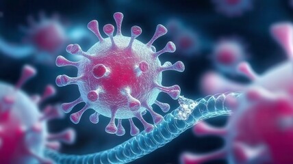 virus cells immune resistance concept. Microscopic visualization of a virus with pink and blue details.