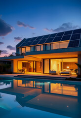 Fototapeta premium Evening view of a luxurious modern house with solar panels, Diffused lighting, with white tones