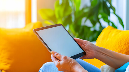 Enjoying a moment of tranquility with a digital device in a bright and vibrant living area