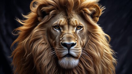 Naklejka premium A Majestic Lion with a Luxuriant Golden Mane: A Regal and Powerful Symbol of Strength, Courage, and Nobility, Captured in a Striking, Detailed Portrait of the King of the Jungle
