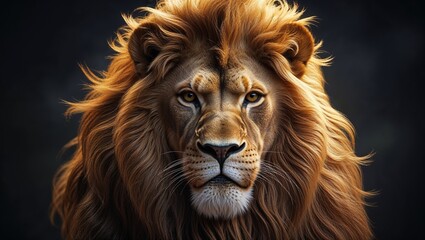 Naklejka premium A Majestic Lion with a Luxuriant Golden Mane: A Regal and Powerful Symbol of Strength, Courage, and Nobility, Captured in a Striking, Detailed Portrait of the King of the Jungle