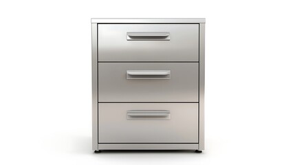 A silver metal cabinet with three drawers