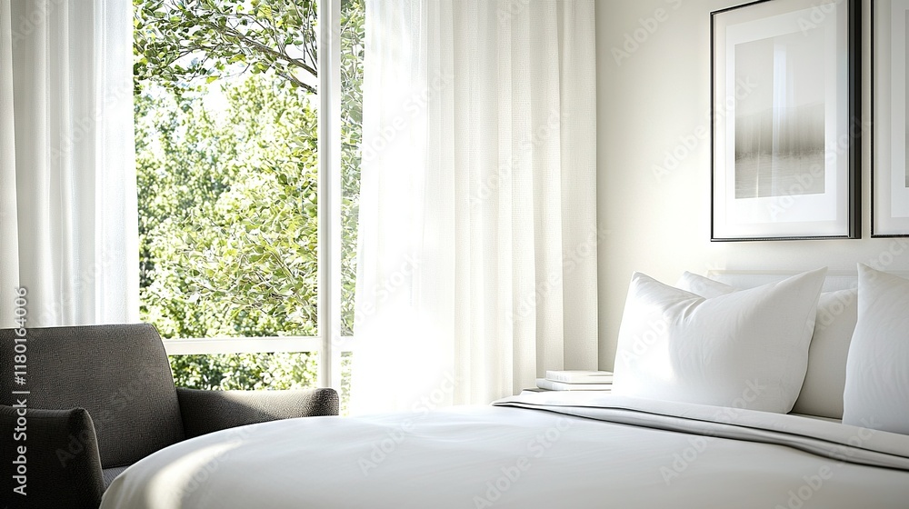 Poster a bed with white sheets and pillows in front of a window offering a view of the trees beyond