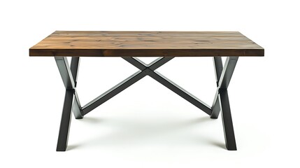 A wooden table with black legs and a black cross design