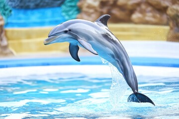 Naklejka premium A dolphin leaping out of a swimming pool, perfect for aquatic or leisure-themed images