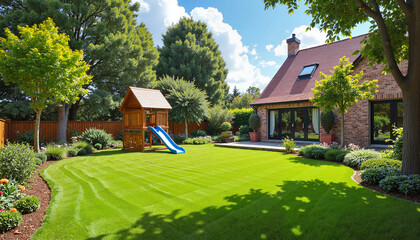 Child-friendly backyard with playset and green lawn