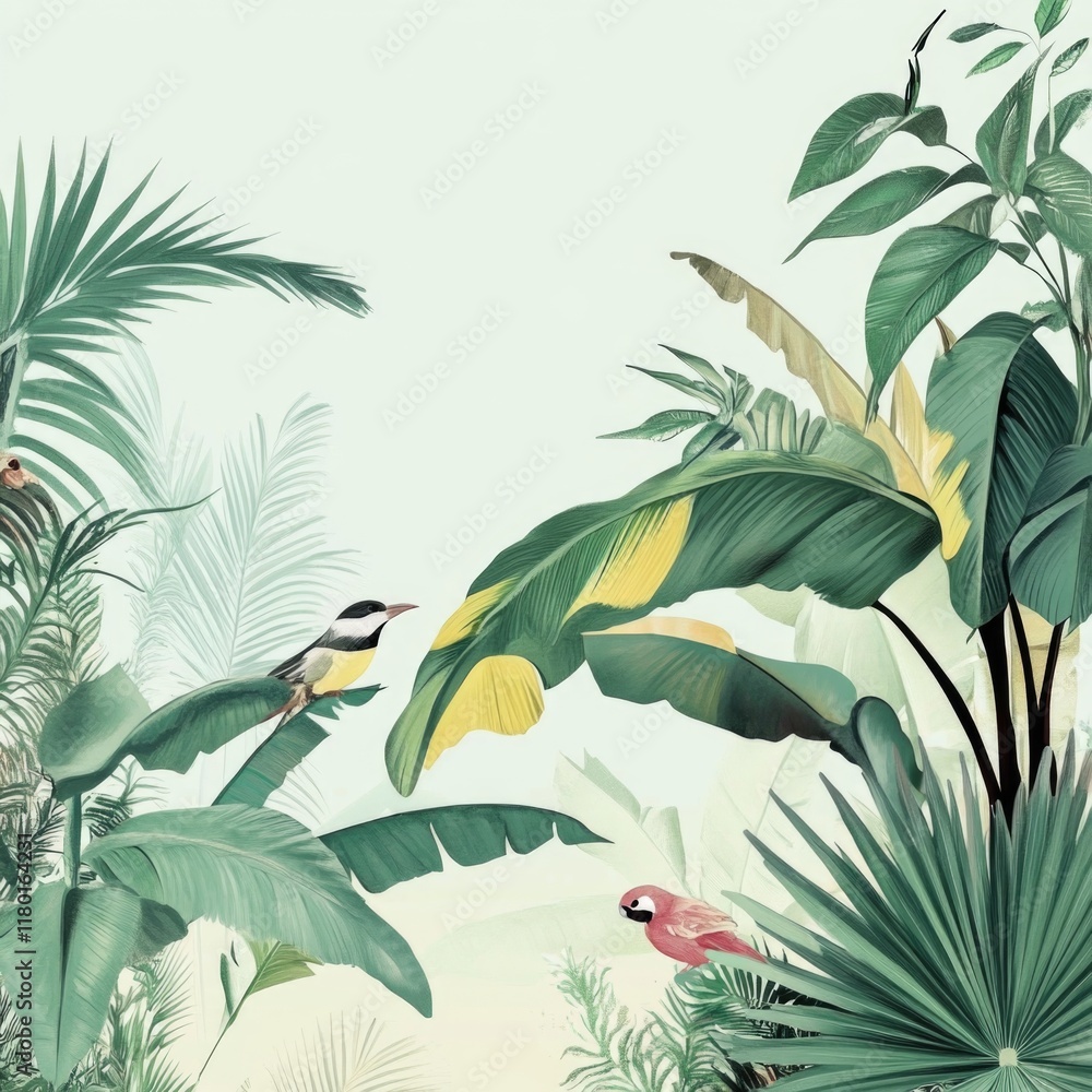 Poster a colorful image featuring various tropical plants and birds in a lush environment