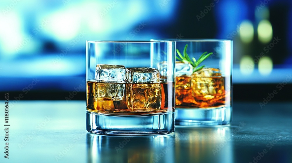 Poster two glasses of whiskey on a table with ice cubes in the foreground and a television in the backgroun