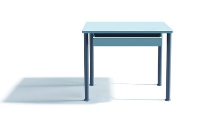A blue desk with a drawer sits on a white background