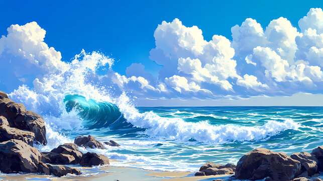 Waves crashing against rocky shore under a vibrant blue sky with fluffy clouds. Wavecrest. Illustration