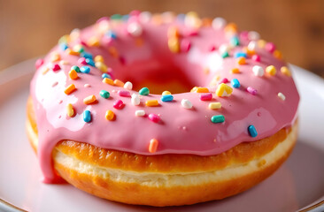 Pink Frosted Donut with Sprinkles. A delicious donut topped with pink frosting and colorful sprinkles, perfect for celebrating National Donut Day.