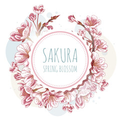 Cherry blossom twig sketch round label design with lettering, vector hand drawn spring Sakura pink flower bloom branch
