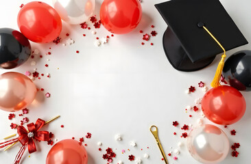 Graduation Cap with Balloons and Decorations. A festive arrangement of a graduation cap, red and black balloons, and celebratory decorations on a white background.