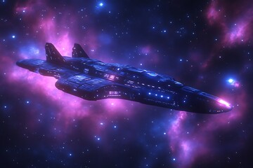 Spaceship soaring through nebula.