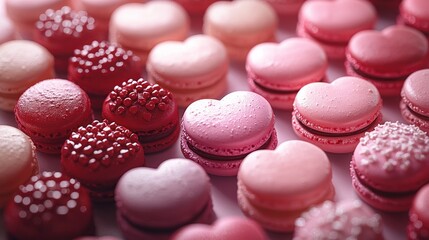 Obraz premium A colorful assortment of heart-shaped macarons in various shades and textures.