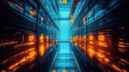 Data stream in luminous server room.