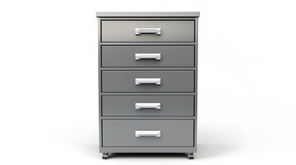 A gray metal filing cabinet with five drawers