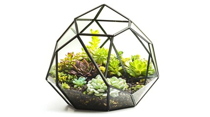 A glass container with a variety of plants inside