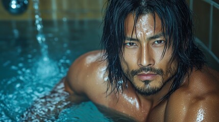 A man relaxes in a luxurious spa setting, enjoying the calm atmosphere and soothing water while exhibiting a confident demeanor