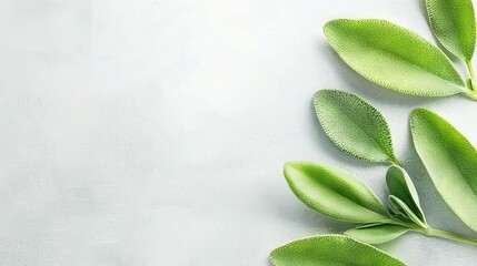   A collection of verdant foliage scattered over a pristine white surface alongside a vase adorned with blooms