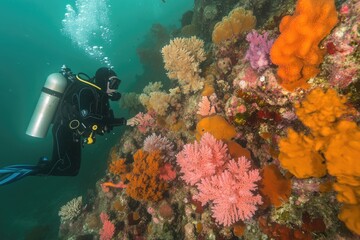 Fototapeta premium A person in a scuba suit is swimming near a coral reef, suitable for use in travel or nature-related contexts