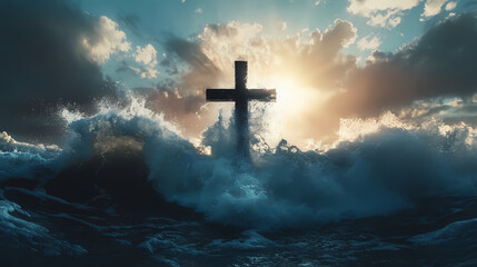 cross silhouette overlaid ocean wave