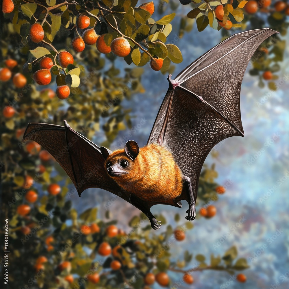 Poster a bat hangs upside down from a tree branch, surrounded by ripe oranges