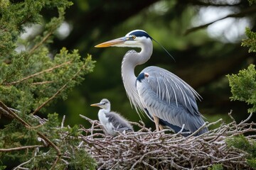 A large bird sits atop its nest, looking out into the distance