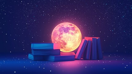 Naklejka premium Icon of bedside table with moon lamp and books vibe