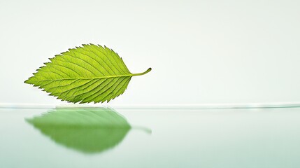 Obraz premium A green leaf on a reflective surface with a white wall in the background and another white wall behind it