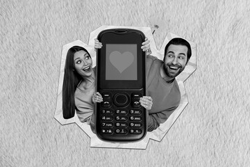 Creative photo 3d collage artwork poster postcard of joyful people met on instagram facebook fall in love isolated on painting background