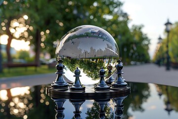 Obraz premium Chess pieces reflect a vibrant park scene under the evening light in this artistic display of strategy and nature