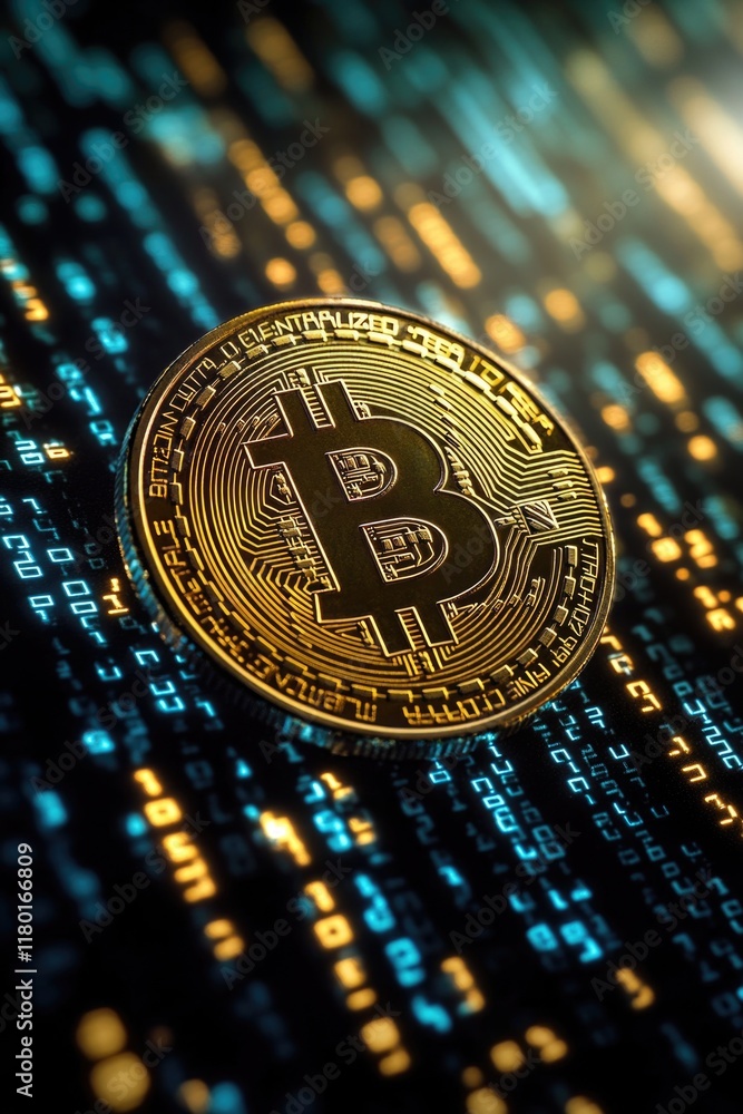 Aufkleber A golden bitcoin icon sits on top of a computer screen, suitable for use in financial or cryptocurrency-related contexts