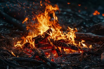 Bonfire burning brightly with sparks flying around at night