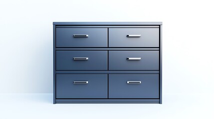 A black dresser with six drawers sits against a white wall