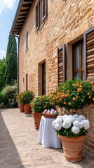 Naklejka premium A rustic Easter courtyard in Tuscany Italy with terracotta pots of blooming flowers a small table set with Easter treats and a basket of painted eggs 