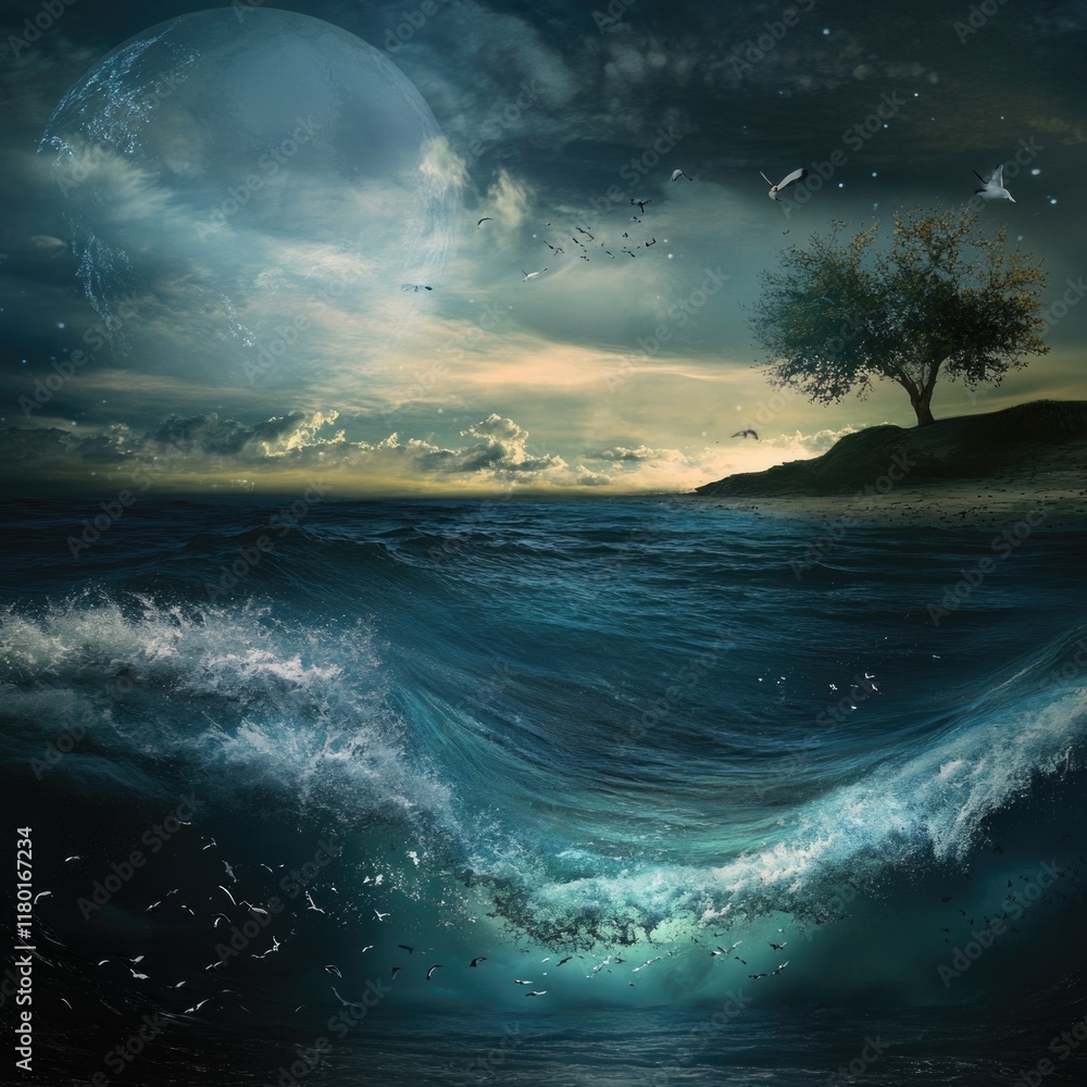 Poster a serene lake with a small island featuring a single tree, perfect for a peaceful scene or nature-in