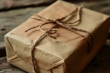 Simple brown paper package tied with twine resting on a worn wooden surface, evoking a sense of nostalgia and handmade charm